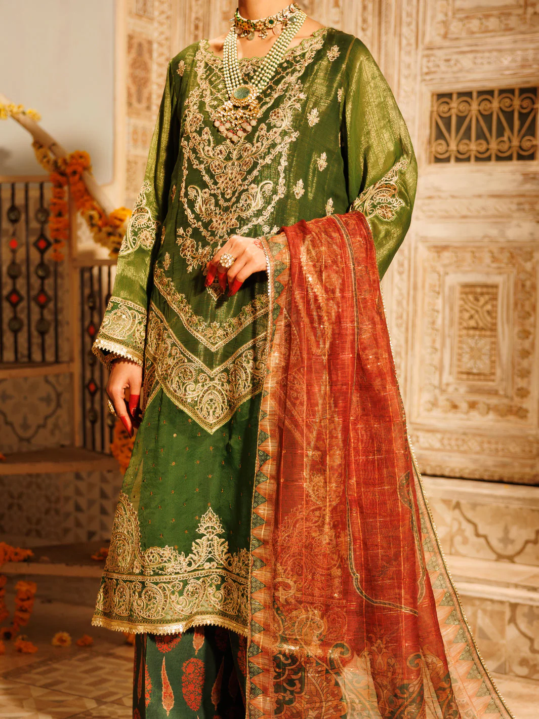 MEHNDI GREEN MESURI NET 3PC STITCHED | AL-3PS-LS-550/FB-550A - Image 2