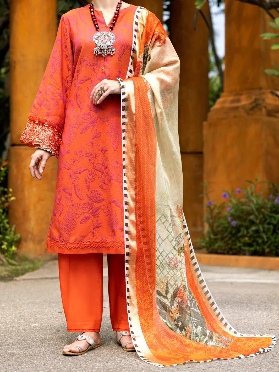ORANGE JACQUARD 3PC UNSTITCHED | ALP-3PS-2014 FB-2014A