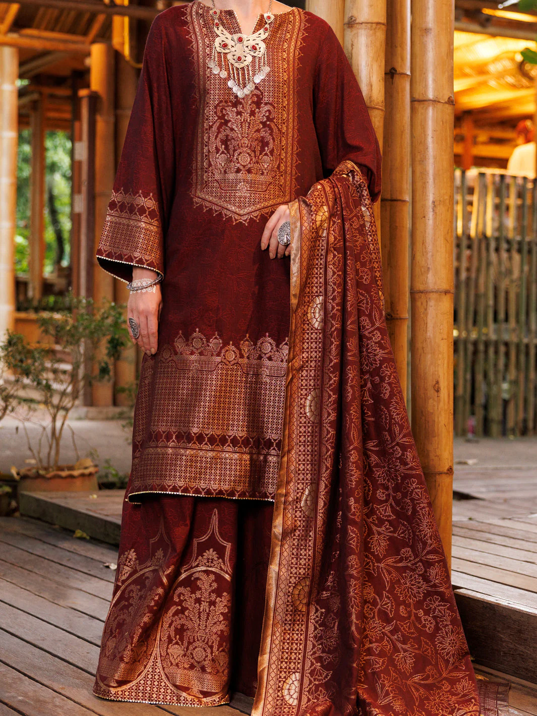 MAROON YARN DYED JACQUARD 3PC STITCHED | ALP-3PS-2020/S FB-2020A