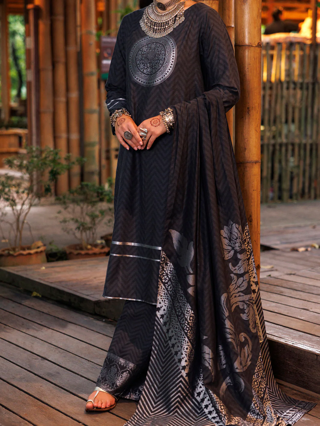 CHARCOAL GREY YARN DYED JACQUARD 3PC STITCHED | ALP-3PS-2022/S FB-2022A