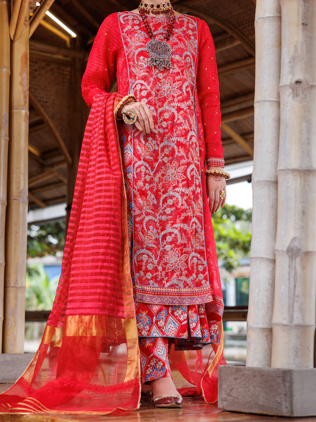RED STRIPE ORGANZA 3PC UNSTITCHED | ALP-3PS-2025 AM-3141A