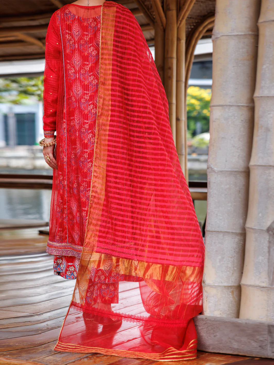 RED STRIPE ORGANZA 3PC UNSTITCHED | ALP-3PS-2025 AM-3141A - Image 2