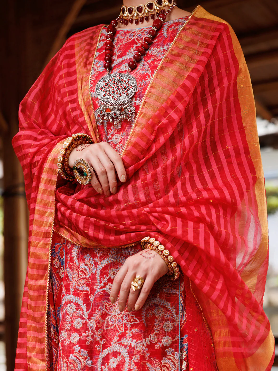 RED STRIPE ORGANZA 3PC STITCHED | ALP-3PS-2025/S AM-3141A - Image 3