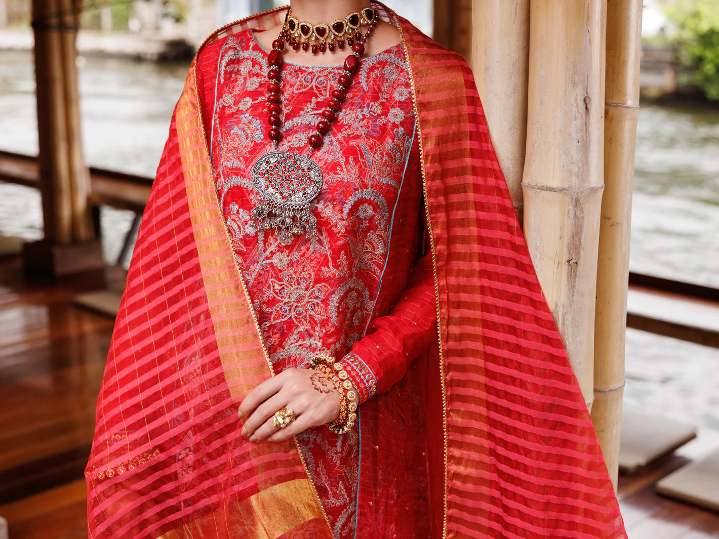 RED STRIPE ORGANZA 3PC STITCHED | ALP-3PS-2025/S AM-3141A - Image 4