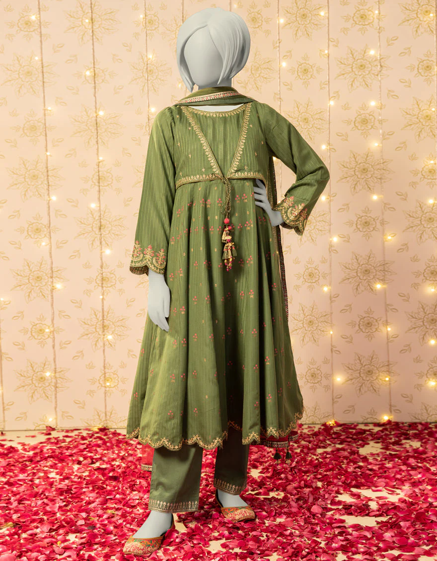 GREEN TEXTURED 3PC STITCHED | JGK-S-JTF-25-751 FB/RANG-E-ZARI-1