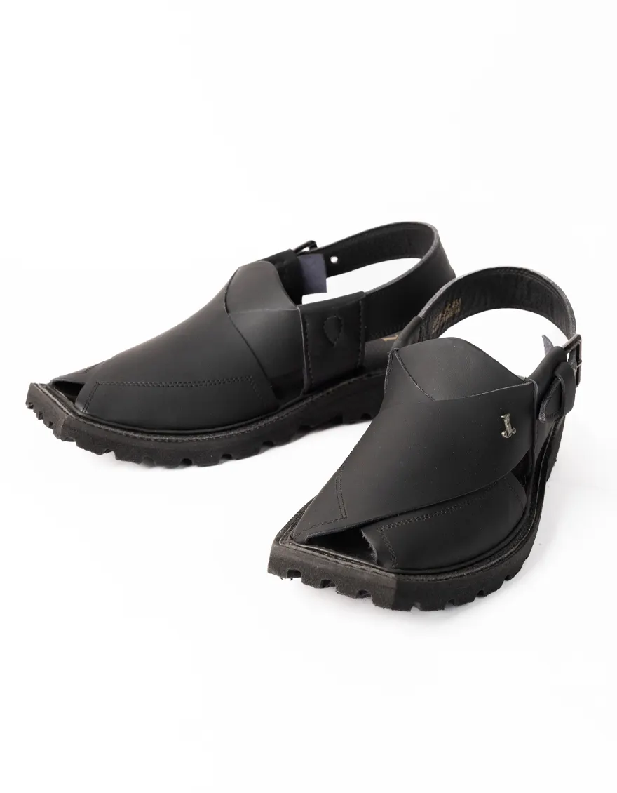 MATT BLACK PLAIN PESHAWARI SANDALS | JJFW-JPC-051-PU/S26-ZA-PLN - Image 2