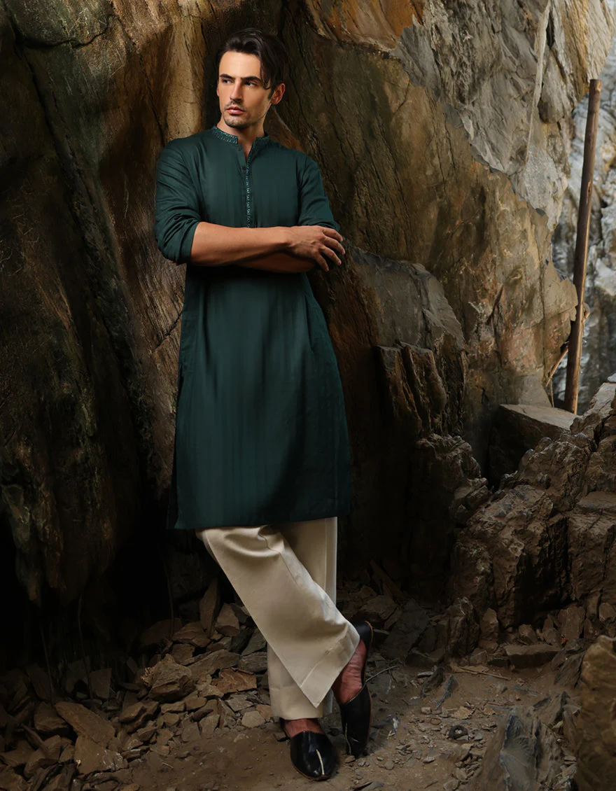 BOTTLE GREEN COTTON KURTA | JJK-S-33064/S25/JJ9500-SF