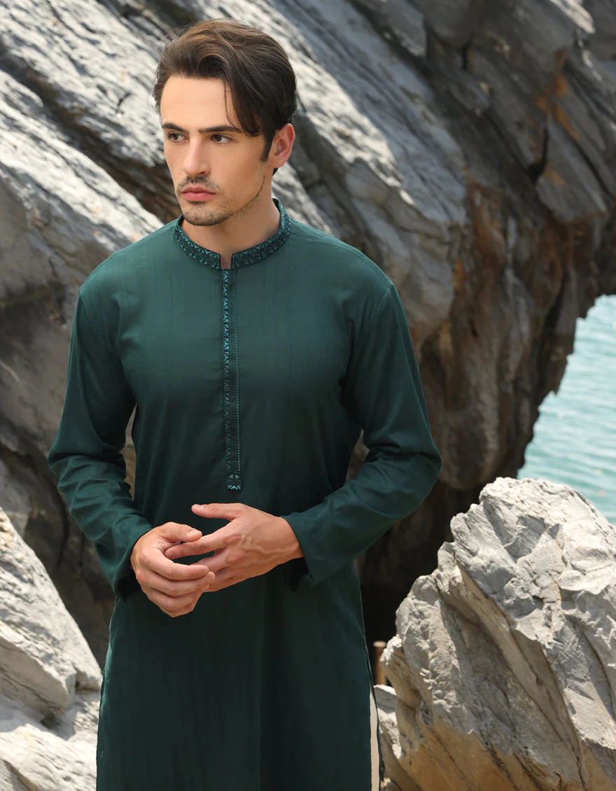 BOTTLE GREEN COTTON KURTA | JJK-S-33064/S25/JJ9500-SF - Image 2