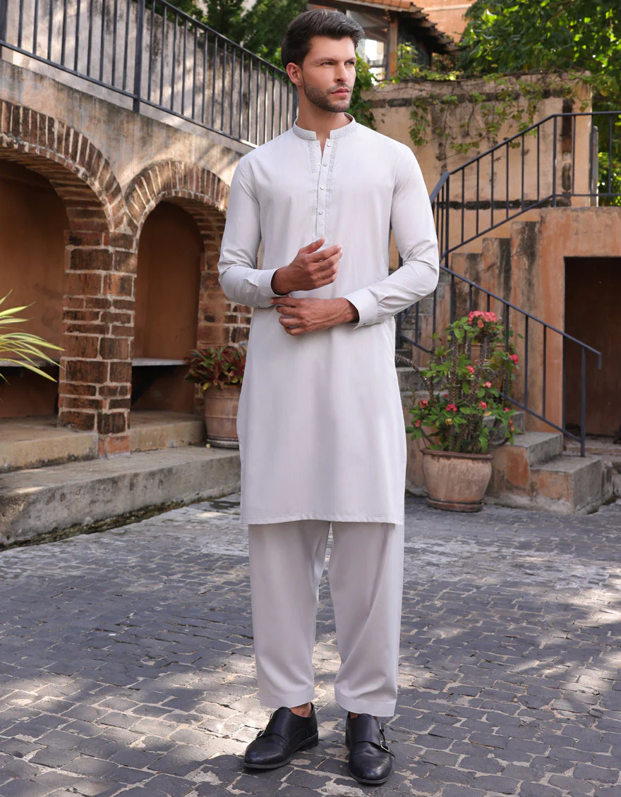 SMOKE GREY BLENDED KAMEEZ SHALWAR | JJKS-A-33244/S25/JJ10070-SF