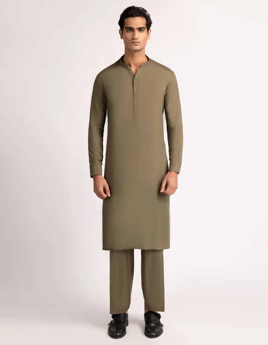 MEHNDI GREEN BLENDED KAMEEZ SHALWAR | JJKS-A-33727/S25/JJ10370-SF