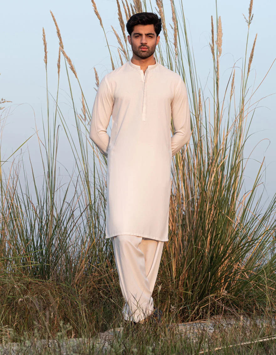 MILKY WHITE BLENDED KAMEEZ SHALWAR | JJKS-A-47340/S24/JJ9922-SF