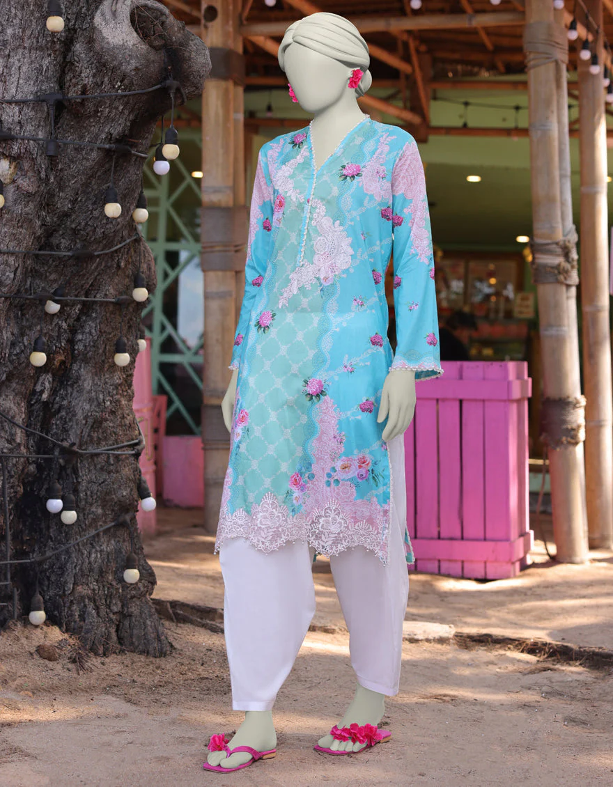BLUE LAWN KURTI | JJLK-S-JSS-25-346 FB/ FLORAL LACE-2