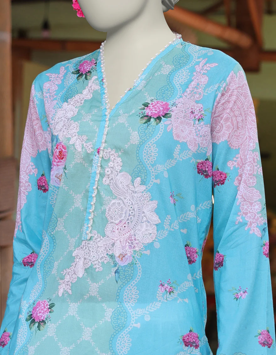 BLUE LAWN KURTI | JJLK-S-JSS-25-346 FB/ FLORAL LACE-2 - Image 2