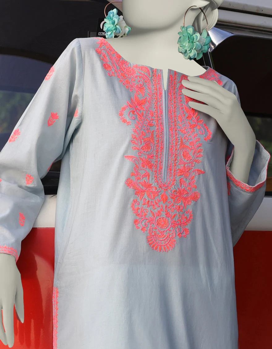 BLUE LAWN KURTI | JJLK-S-JSS-25-350 FB/CHIKAN KARI NEON-02 - Image 2