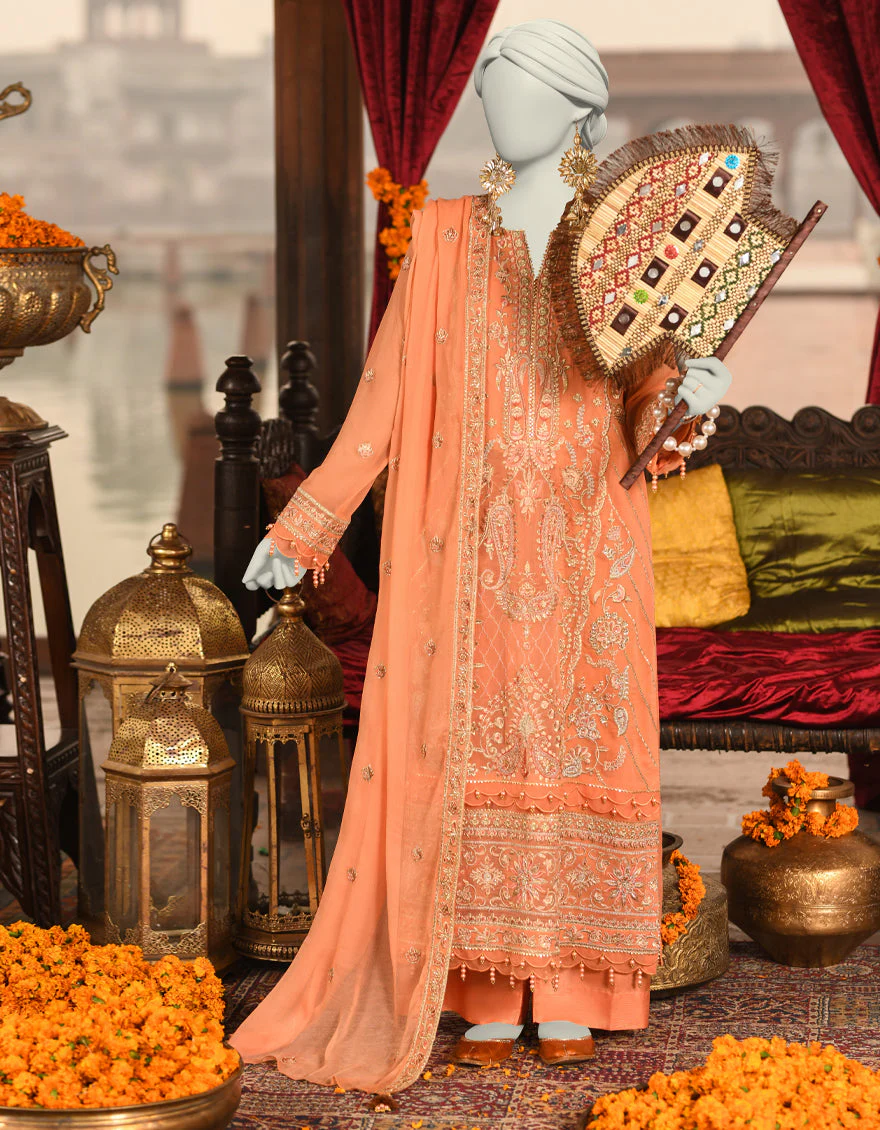 PEACH ORGANZA 3PC UNSTITCHED | JJLS-S-JFU-25-708 FB/FALAK-08