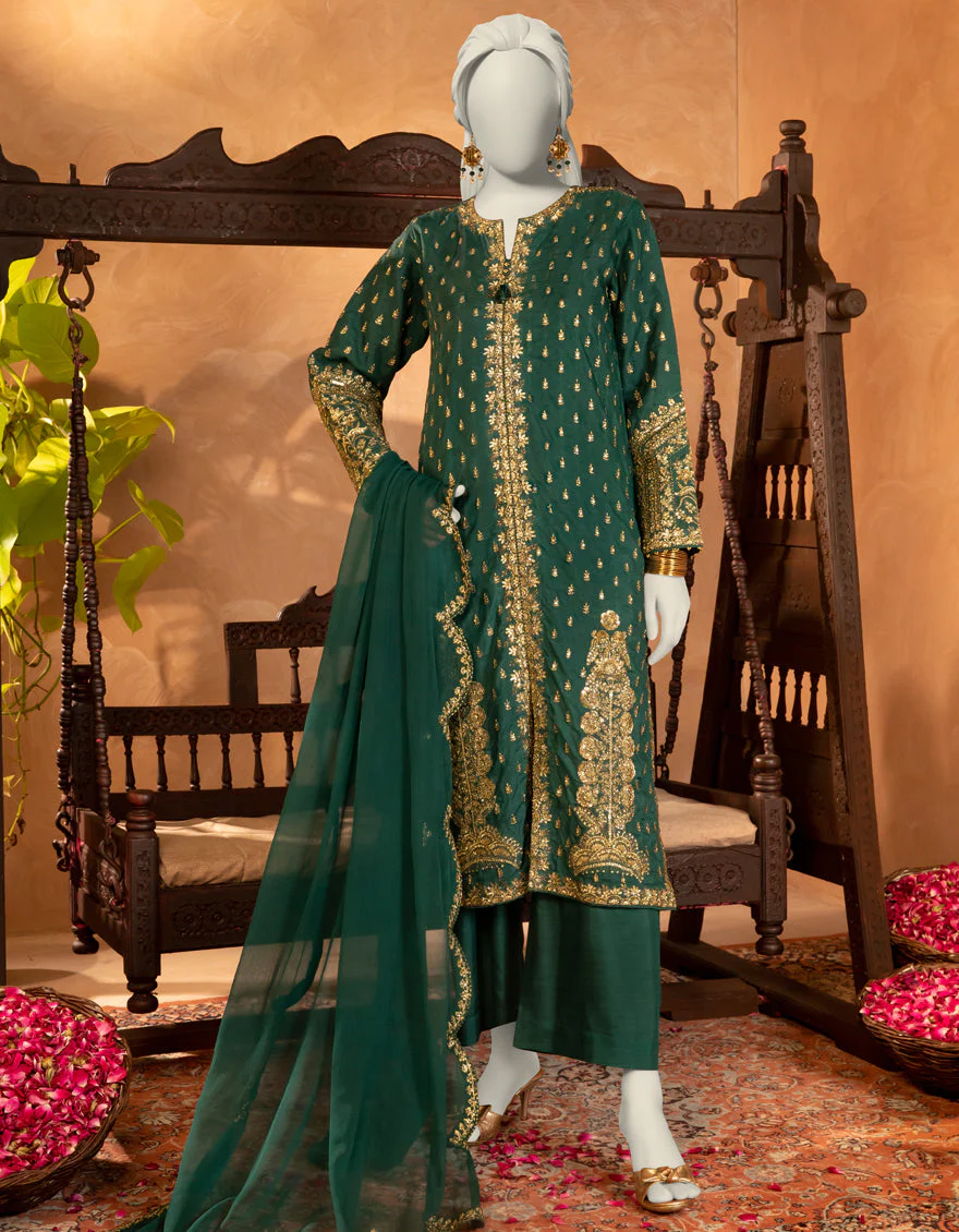 GREEN RAW SILK 3PC STITCHED | JJPW-S-JPS-25-3903 FB/DANEEN-3