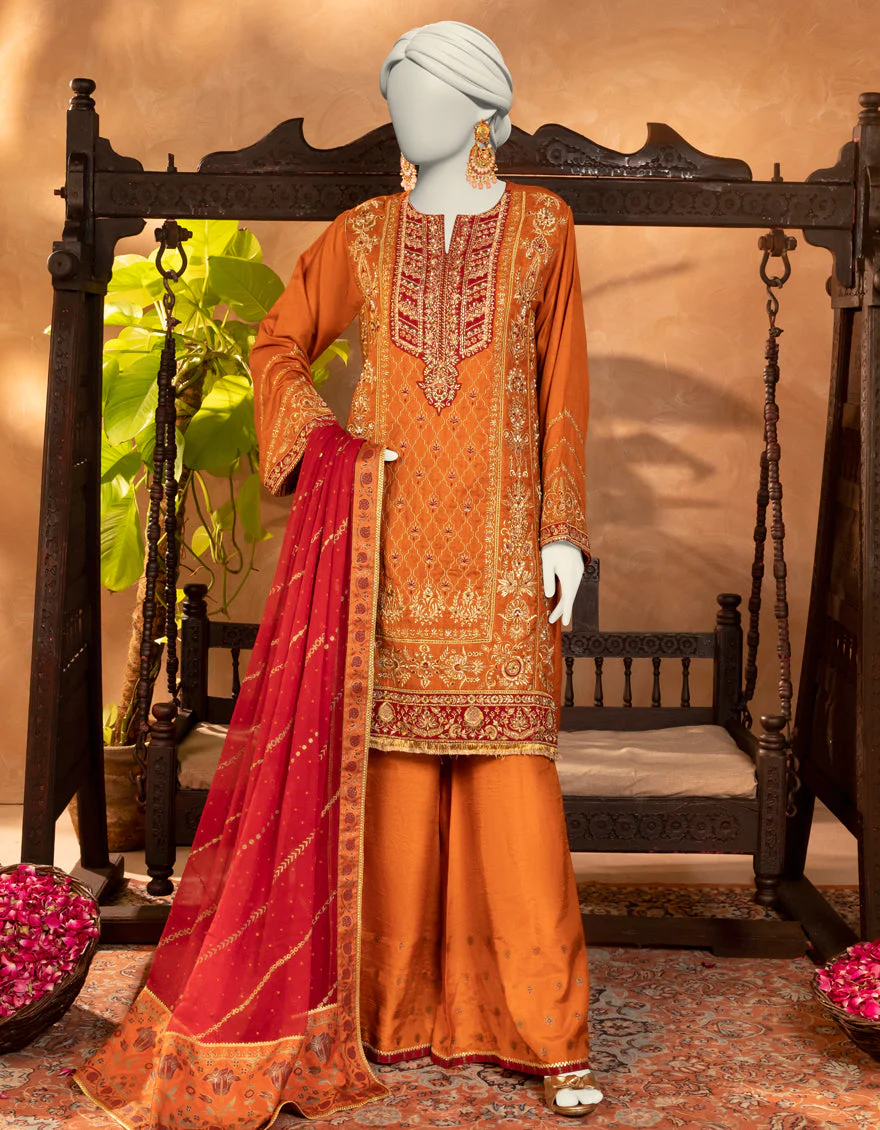 RUST RAW SILK 3PC STITCHED | JJPW-S-JPS-25-3917 FB/INARA-03