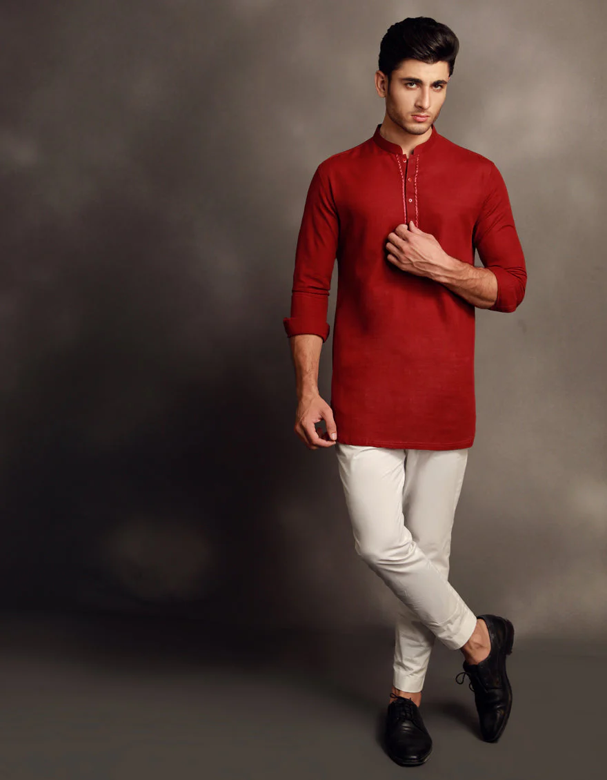 MAROON COTTON SHORT KURTA | JJSHK-W-90485/S24/JJ9591-SF - Image 3