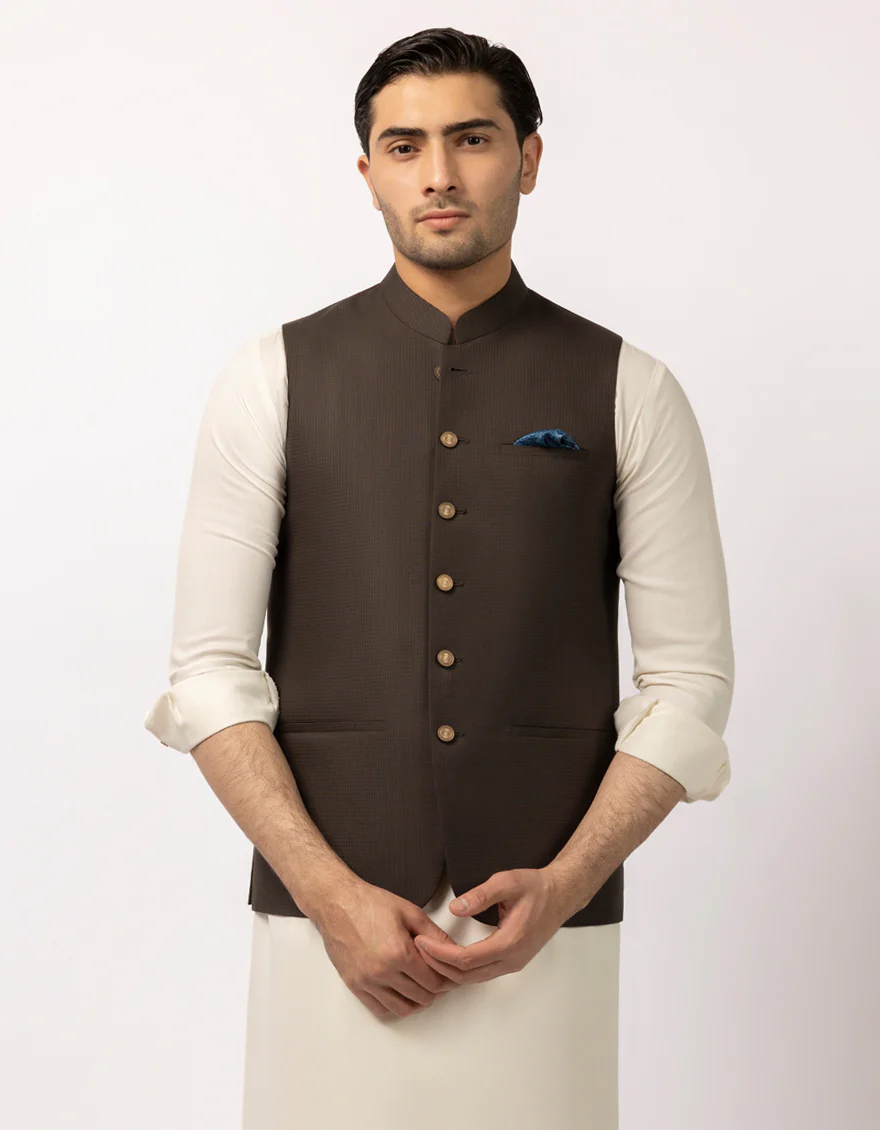 DARK BROWN POLYESTER WAISTCOAT | JJVC-A-33764/S25/JJ10483-PN