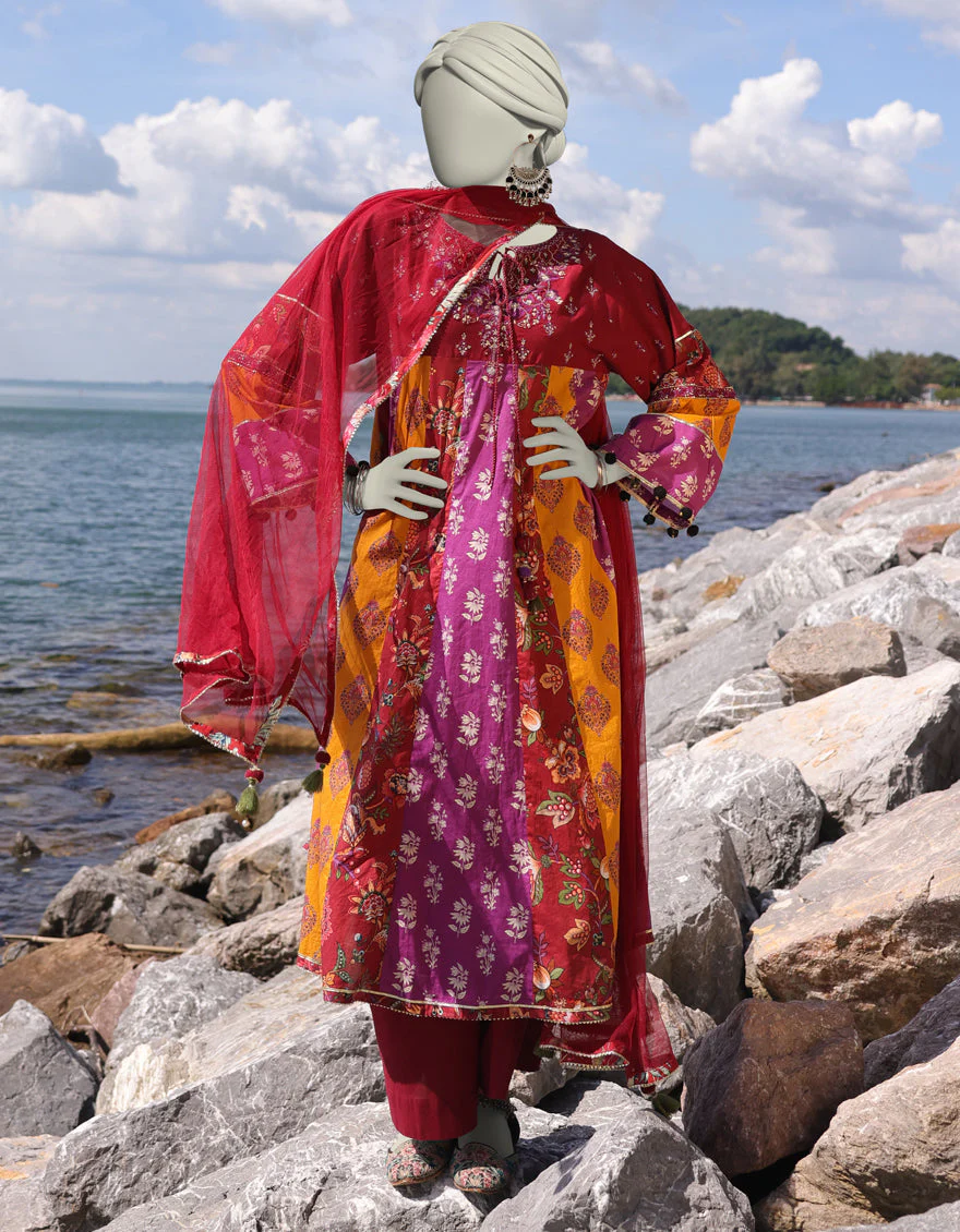 MAROON LAWN 3PC STITCHED | JLAWN-S-25-027/S ETHNIC BOGO-3