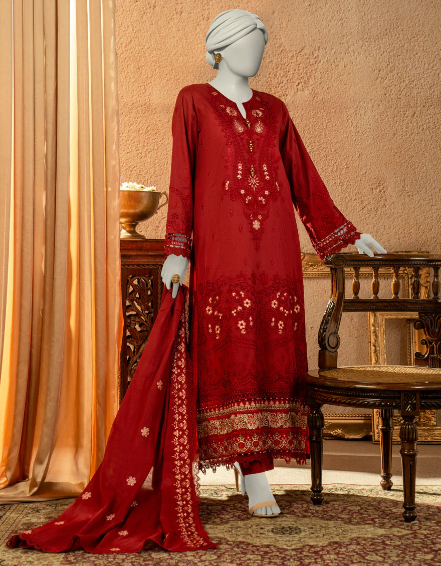 RED LAWN 3PC UNSTITCHED | JLAWN-S-25-3250 LUXE C-2