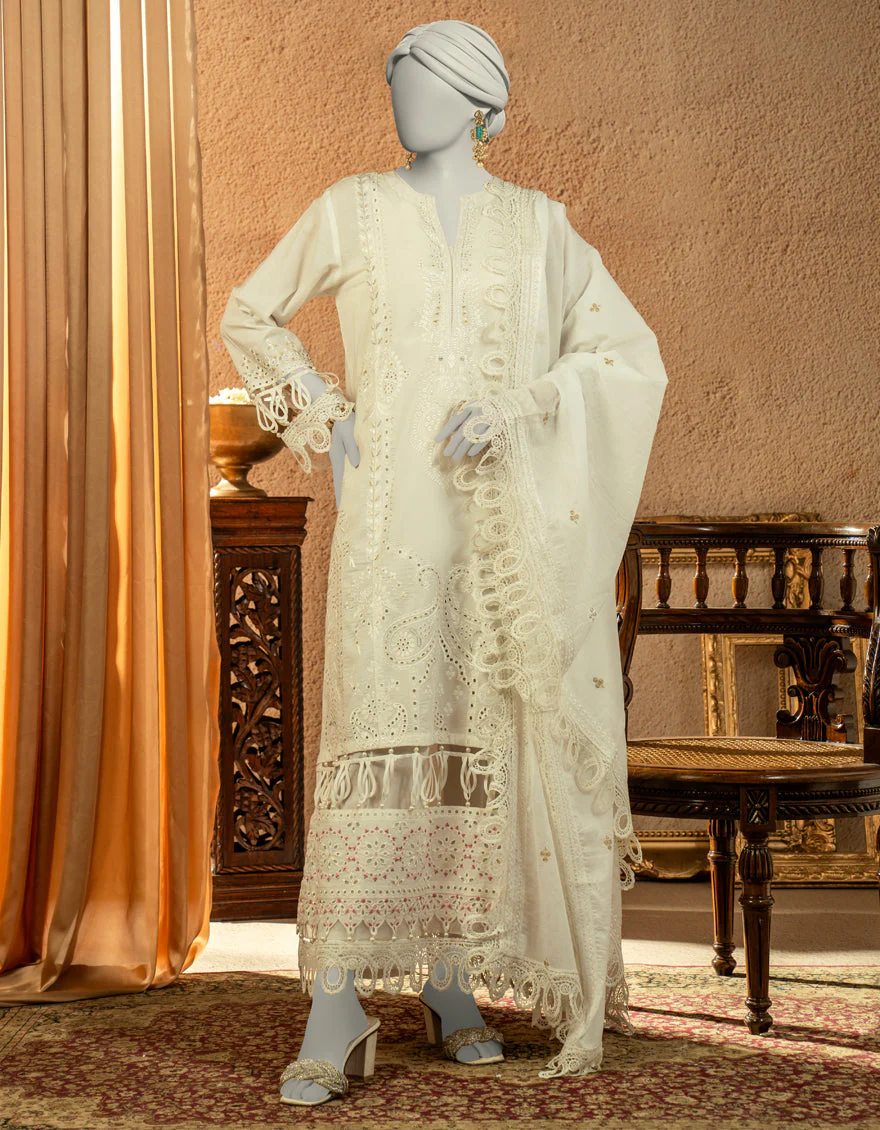 WHITE LAWN 3PC UNSTITCHED | JLAWN-S-25-3255 LUXE C-7