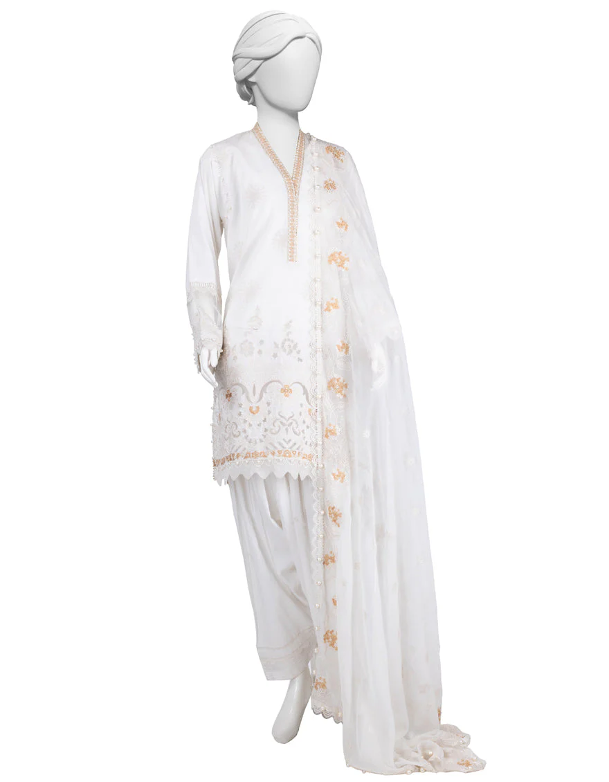 WHITE LAWN 3PC UNSTITCHED | JLAWN-S-25-831 LUXE B-5