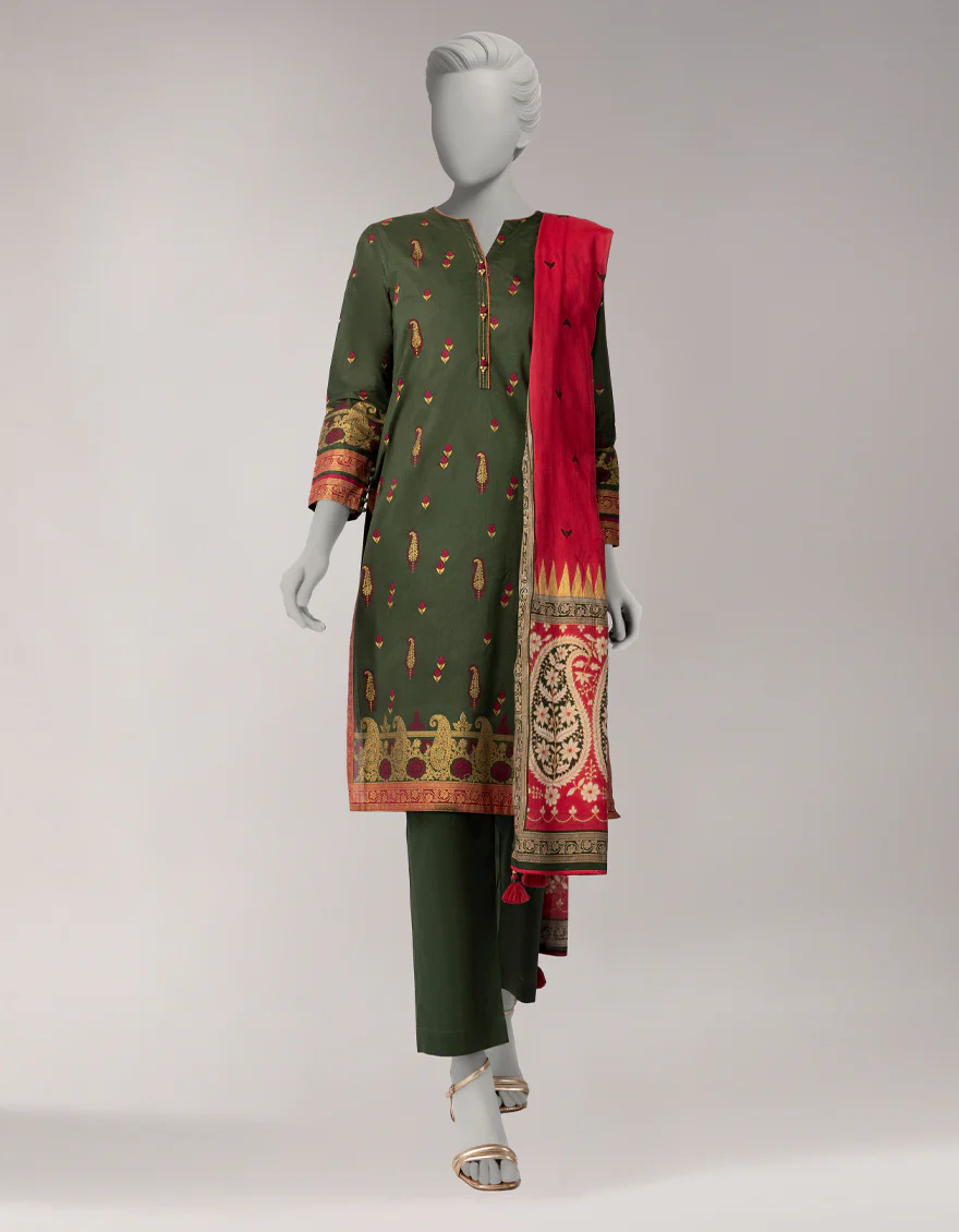 GREEN LAWN 3PC UNSTITCHED | JLAWN-S-26-1092 GOLD JAMDANI-4