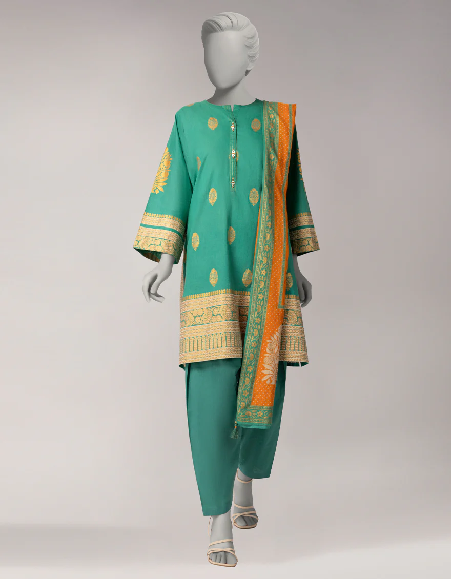 GREEN LAWN 3PC UNSTITCHED | JLAWN-S-26-1093 GOLD JAMDANI-5