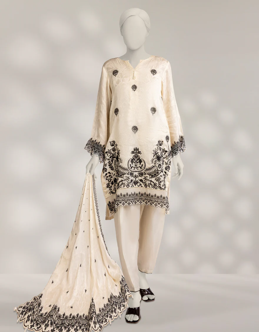 OFF WHITE RAW SILK 3PC UNSTITCHED | JLAWN-W-25-1035 RESHAMI-3