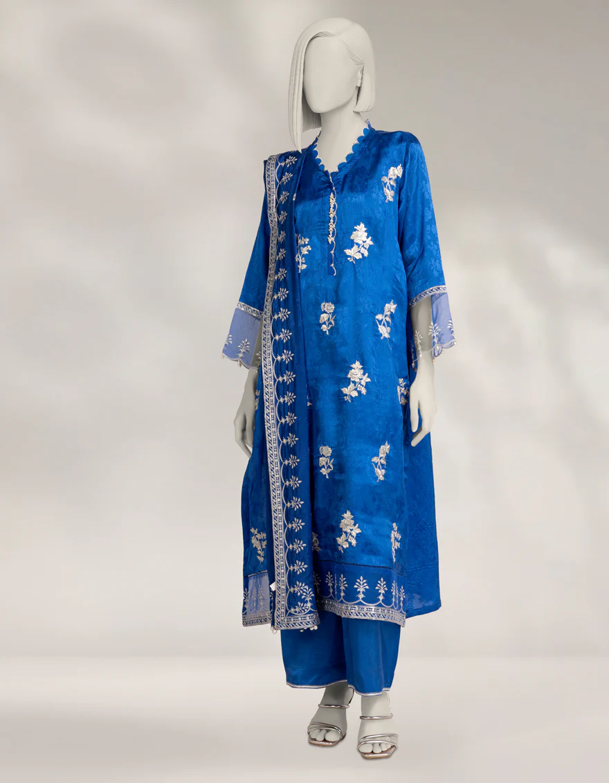 BLUE RAW SILK 3PC UNSTITCHED | JLAWN-W-25-1036 RESHAMI-4