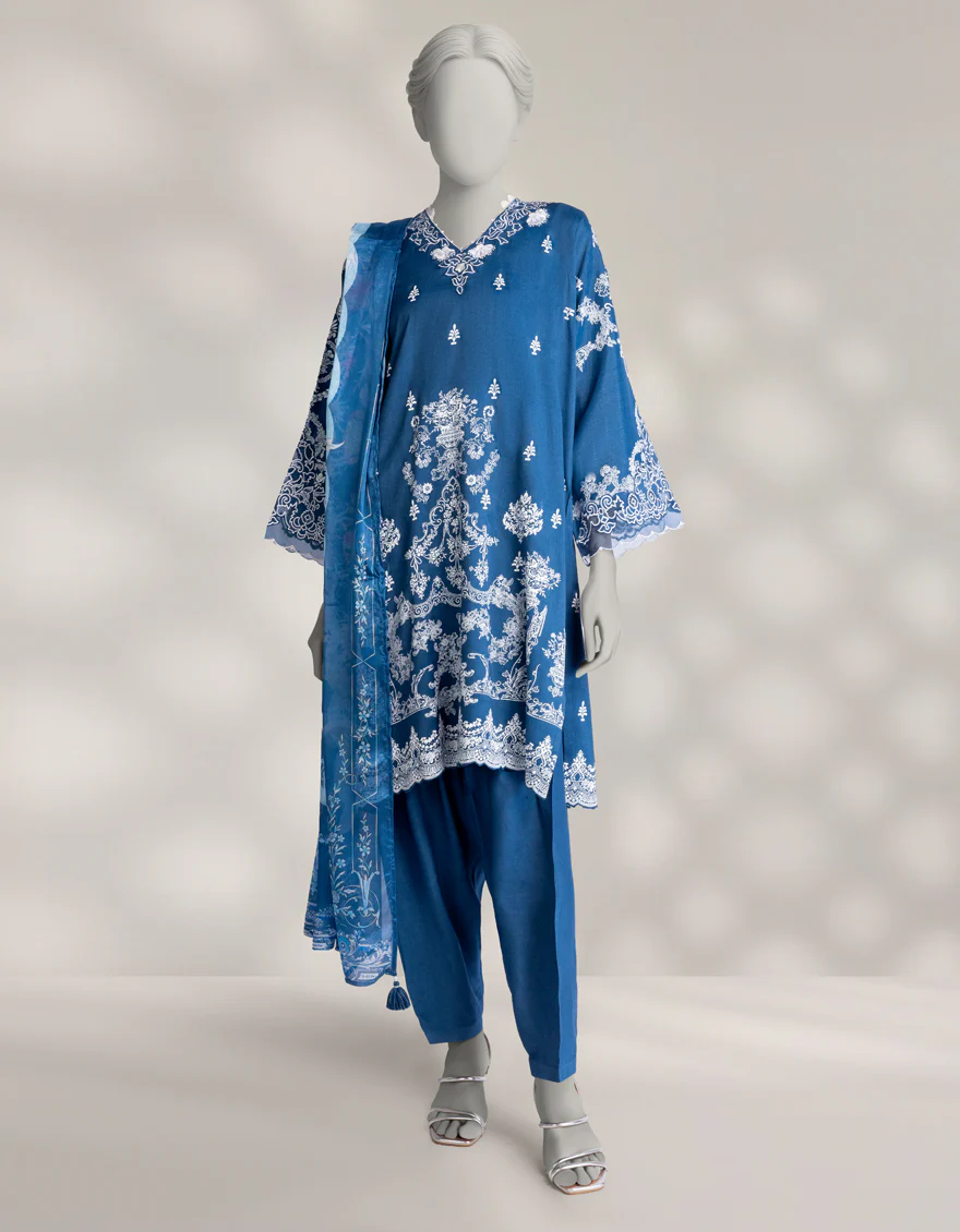 BLUE MAPLE SILK 3PC STITCHED | JLAWN-W-25-330/S DAMASK-02