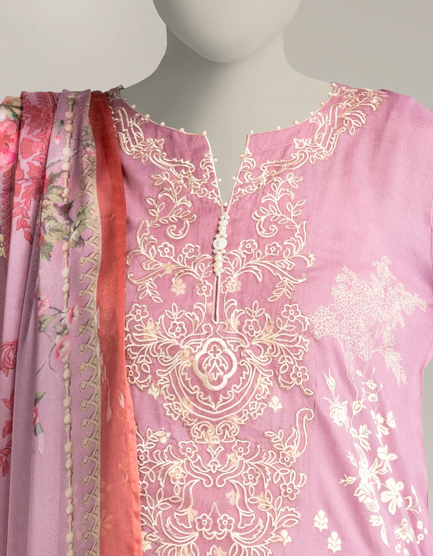 PINK MAPLE SILK 3PC STITCHED | JLAWN-W-25-332/S DAMASK-04 - Image 4
