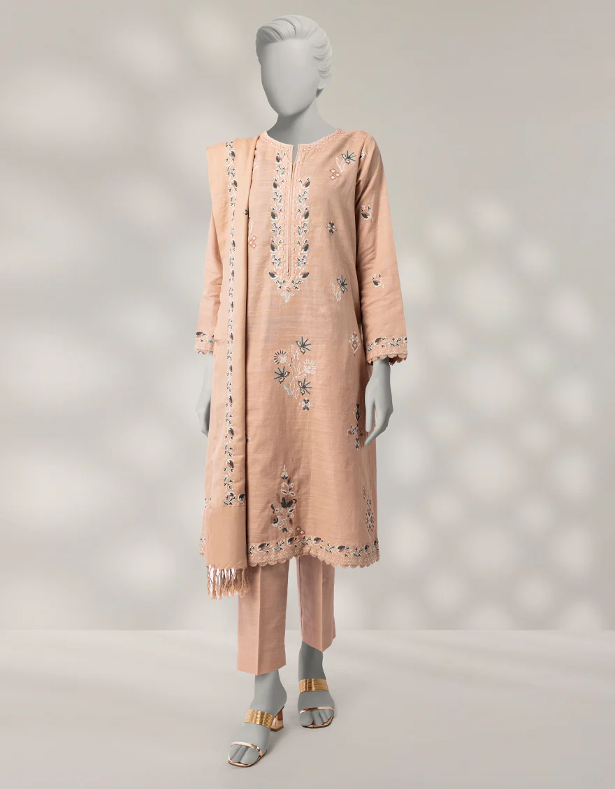 BEIGE KHADDAR 3PC STITCHED | JLAWN-W-25-335/S CROSS STICH-3
