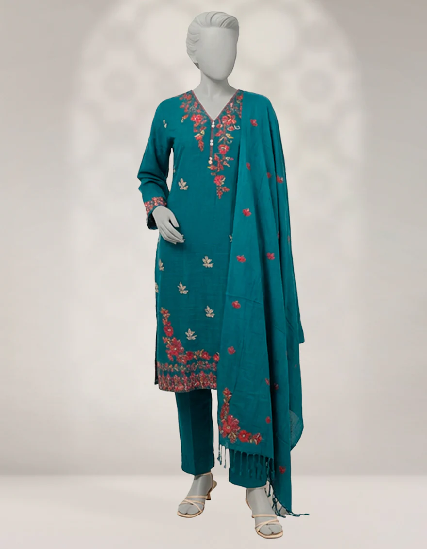 TEAL KHADDAR 3PC STITCHED | JLAWN-W-25-336/S CROSS STICH-4