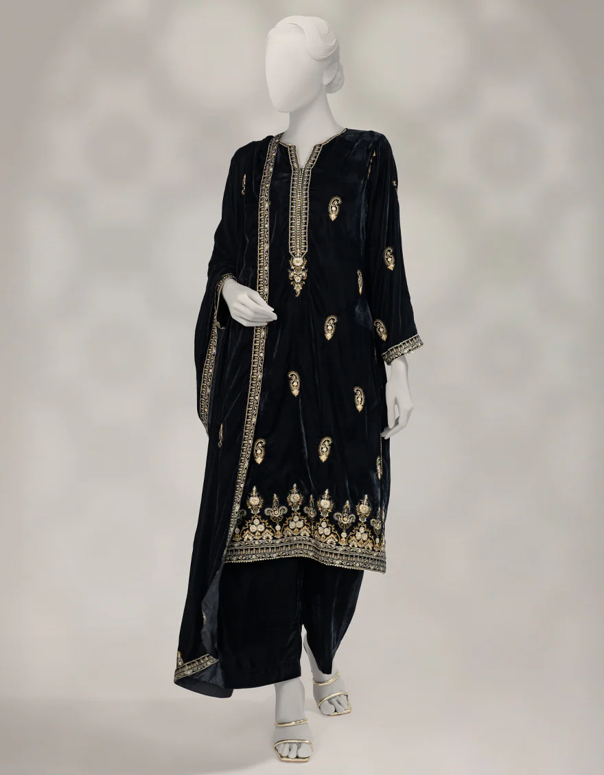 BLACK VELVET 3PC UNSTITCHED | JLAWN-W-25-3623 LUXE-C-1