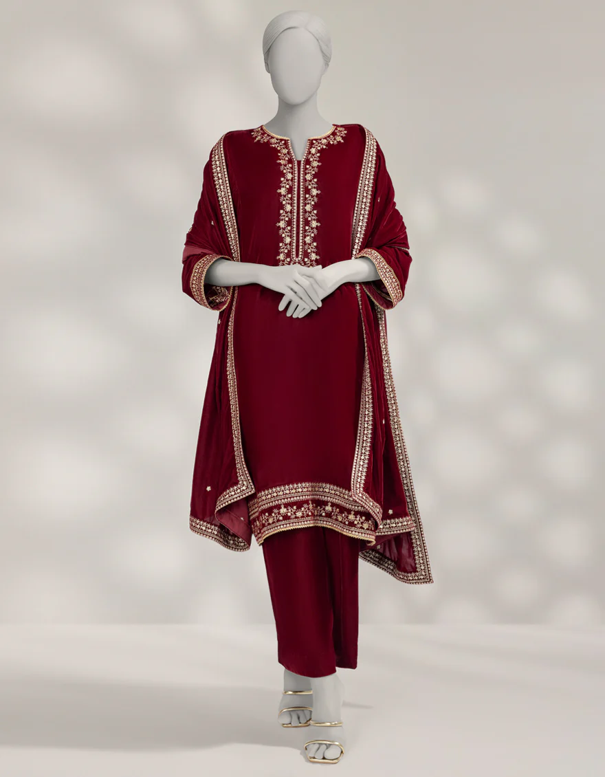 MAROON VELVET 3PC UNSTITCHED | JLAWN-W-25-3624 LUXE-C-2