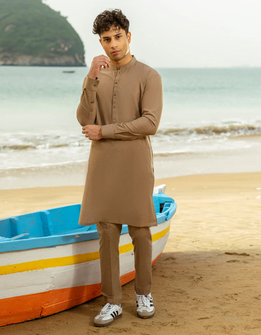LIGHT BROWN COTTON KURTA TROUSERS | JTKP-A-39286/S25/JJ9741-PN