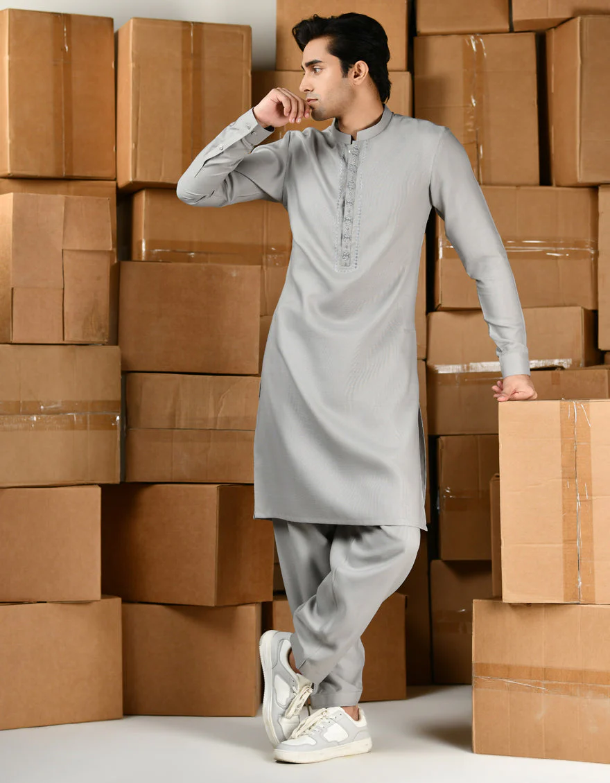 SMOKE GREY BLENDED KAMEEZ SHALWAR | JTKS-A-34816/S24/JJ9632-SF
